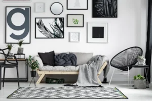A black and white motif of a condo living room